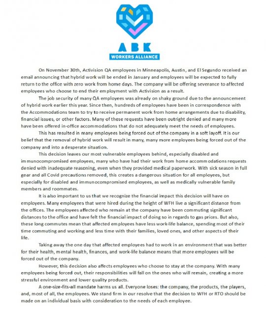 ABK工人联盟反对动视暴雪一刀切地恢复返回公司办公计划-第3张图片 ABK工人联盟反对动视暴雪一刀切地恢复返回公司办公计划-第3张图片