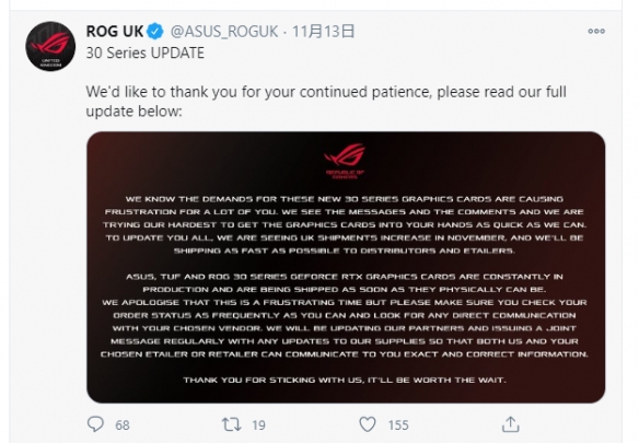 RTX30系列显卡在搞饥饿营销？ 华硕回应称正在增加产能-第2张图片