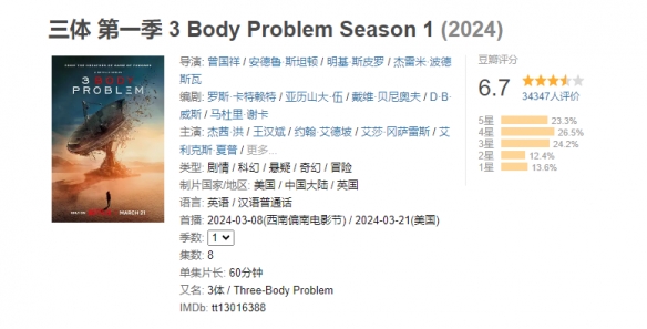 网飞版《三体》剧集豆瓣开分6.7分！已于3月21日开播-第1张图片