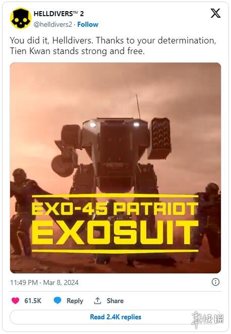 《绝地潜兵2》“EX-45爱国者”机甲上线！预告片赏-第1张图片