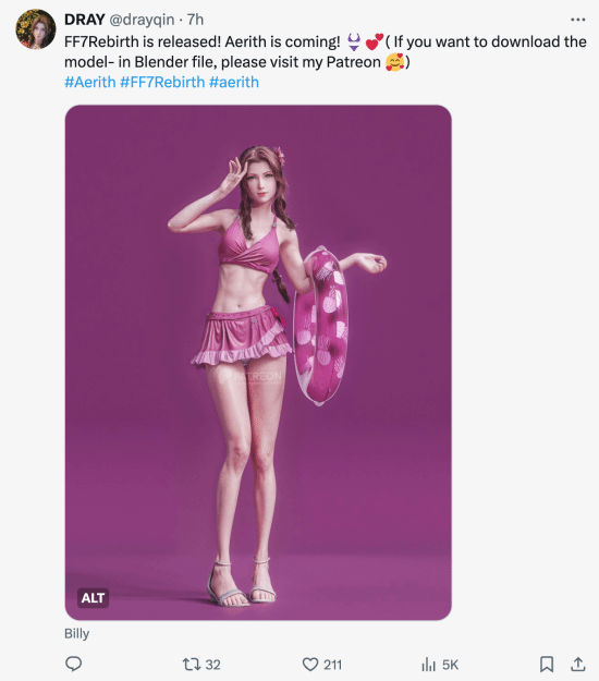 谁是你的菜？《FF7重生》泳装爱丽丝3D模型已